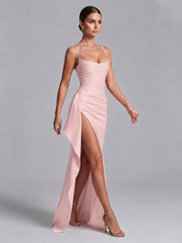 Square Neck Satin Long Prom Dress with Ruffles