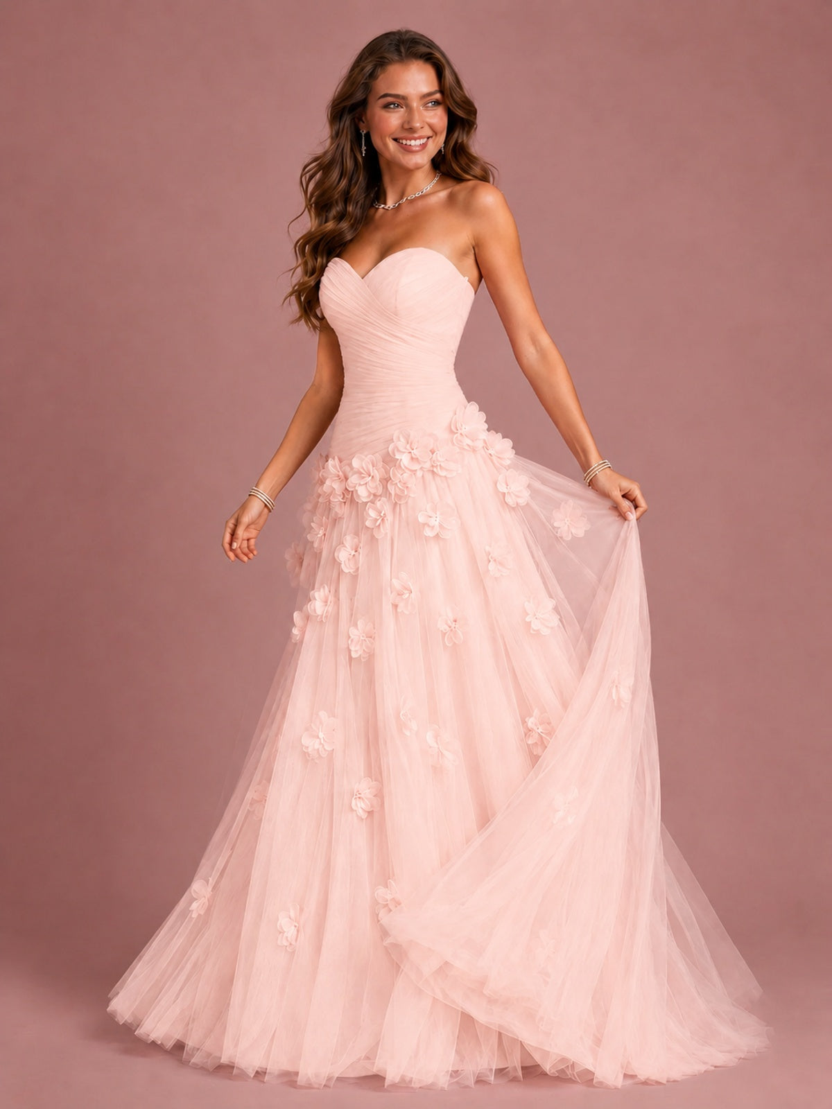 Blush Pink Strapless Sweetheart 3D Floral Tulle Ball Gown Prom Dres