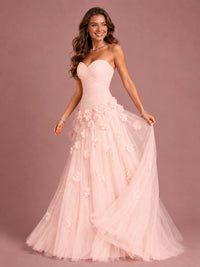Blush Pink Strapless Sweetheart 3D Floral Tulle Ball Gown Prom Dres