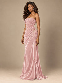 Burgundy Velvet Strapless Ruched Prom Dress with Jeweled Side Drape
