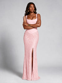 Sequin Corset Mermaid Prom Dress with Square Neck Wide Strap High Slit