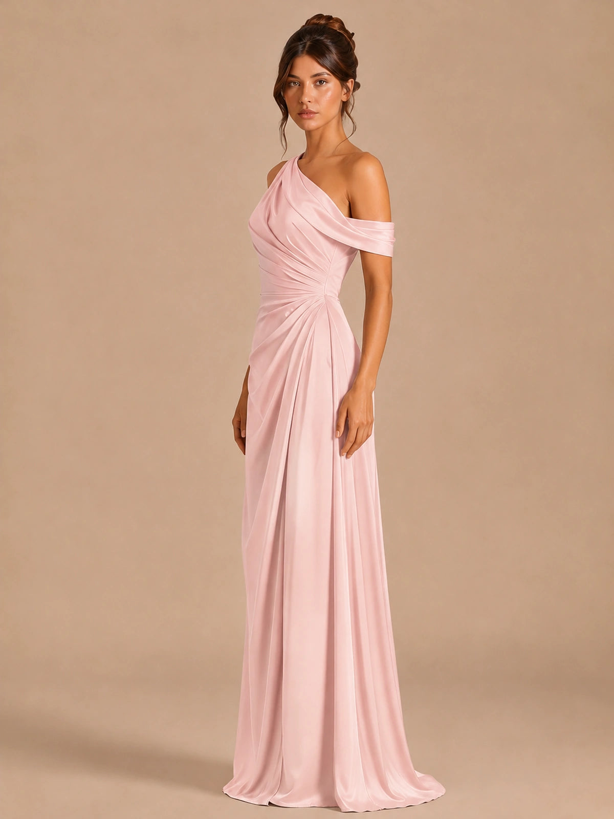 Satin One Shoulder Prom Dress Ruched Long Formal Evening Gown