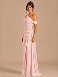 Satin One Shoulder Prom Dress Ruched Long Formal Evening Gown