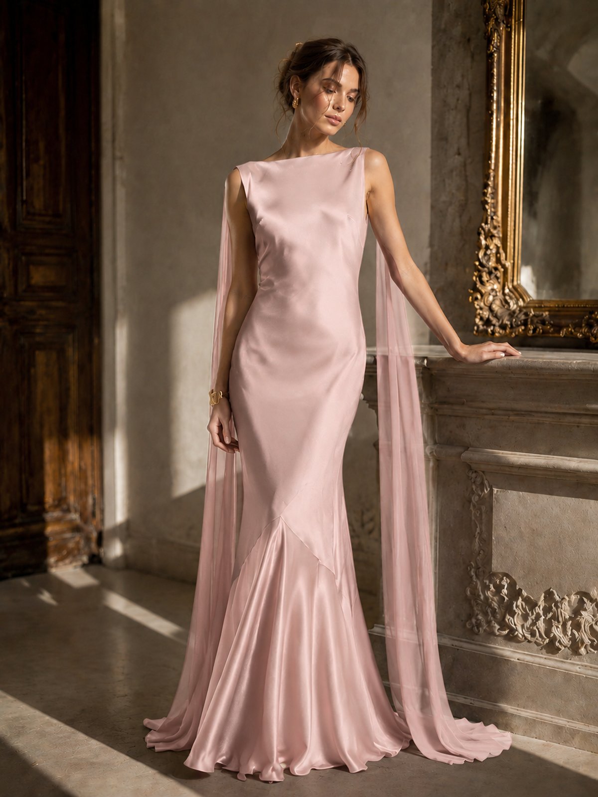 Burgundy Satin Mermaid Cape Maxi Dress
