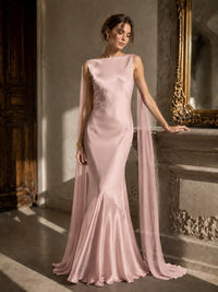 Burgundy Satin Mermaid Cape Maxi Dress