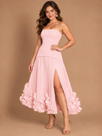 Navy Blue Strapless Pleated A-Line Midi Dress with 3D Floral Applique