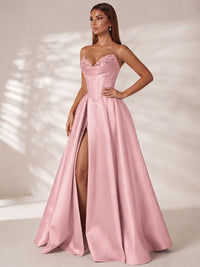 Strapless Corset Satin Prom Dress Long Evening Gown with High Slit