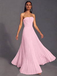 Strapless A-line Long Pleated Satin Prom Dress