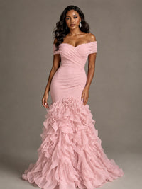 Pink Off-the-Shoulder Mermaid Prom Dress with Ruffles 3D Flowers