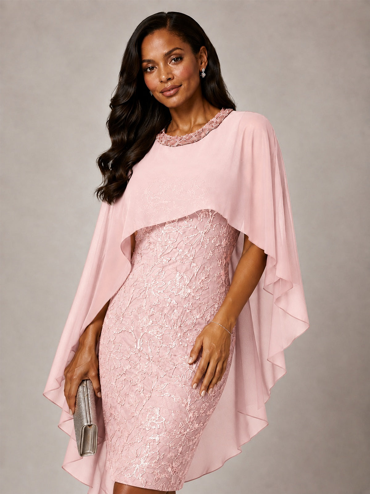 Floral Sheath Mother of the Bride Dress with Cape Overlay