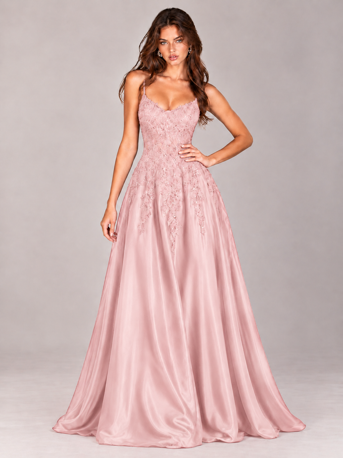 Lace Applique Satin A-Line Prom Dress with Sheer Bodice
