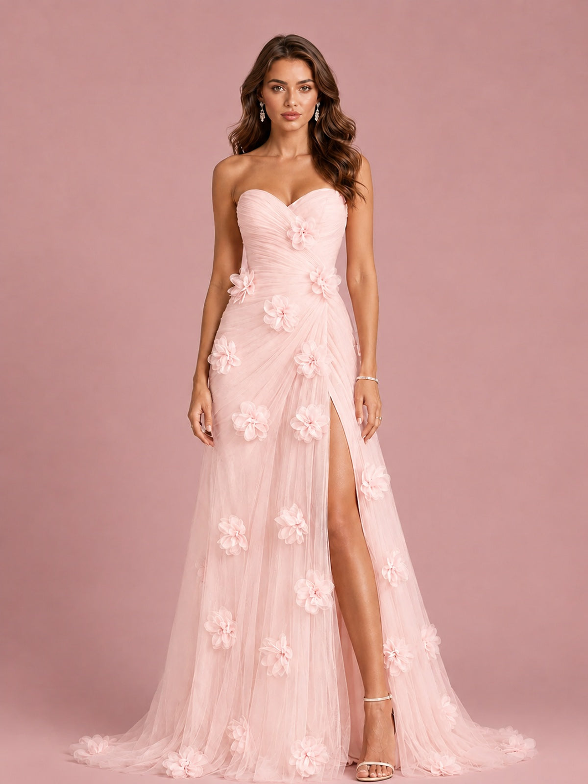 3D Floral Applique Strapless Tulle Prom Dress with High Slit