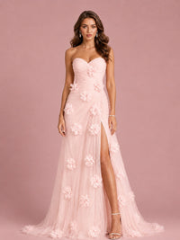 3D Floral Applique Strapless Tulle Prom Dress with High Slit