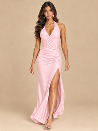 Halter V-Neck Sequin Mermaid Prom Dress with High Slit