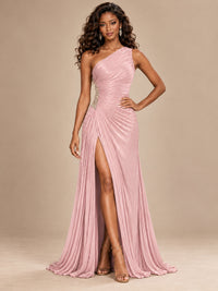 Burgundy One Shoulder Ruched Prom Dress with High Slit & Beaded Waist