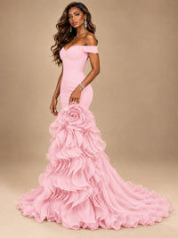 Dusty Blue Off-the-Shoulder Mermaid Prom Dress with 3D Rose & Ruffles