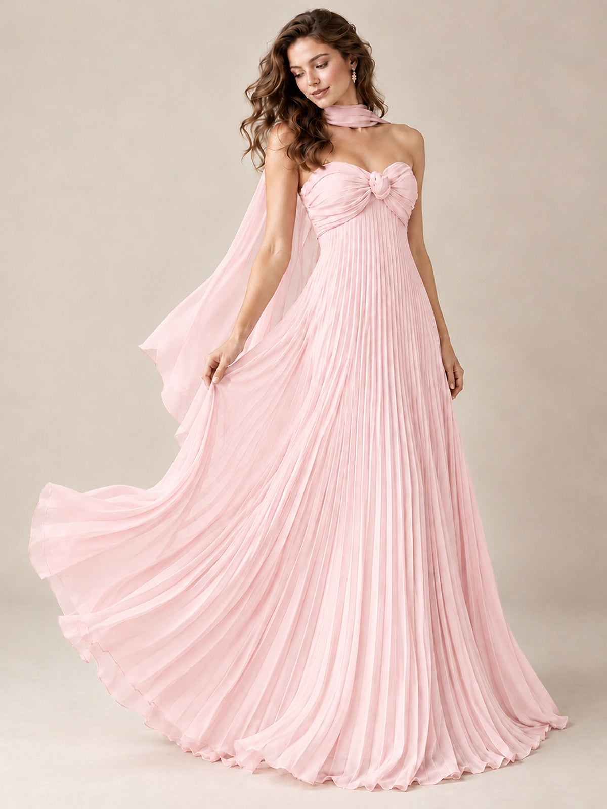 Sweetheart Neckline Pleated Prom Dress Strapless A-line Formal Dress with Flowy Scarf