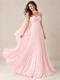 Sweetheart Neckline Pleated Prom Dress Strapless A-line Formal Dress with Flowy Scarf