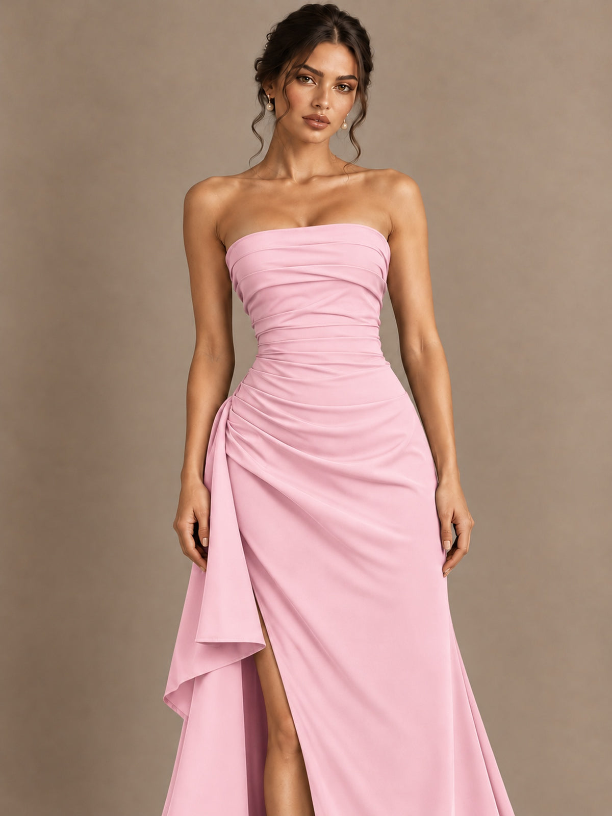 Black and White Strapless Ruched Prom Dress with High Slit & Side Drape