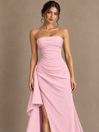 Black and White Strapless Ruched Prom Dress with High Slit & Side Drape
