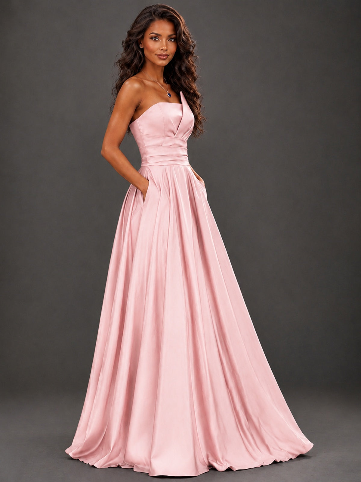 Draped Satin Prom Dress Strapless A-line Formal Dress Floor Length