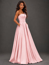 Draped Satin Prom Dress Strapless A-line Formal Dress Floor Length
