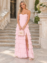 Ruffled Tiered Chiffon Prom Dress Spaghetti Straps Formal Maxi Dress with Slit