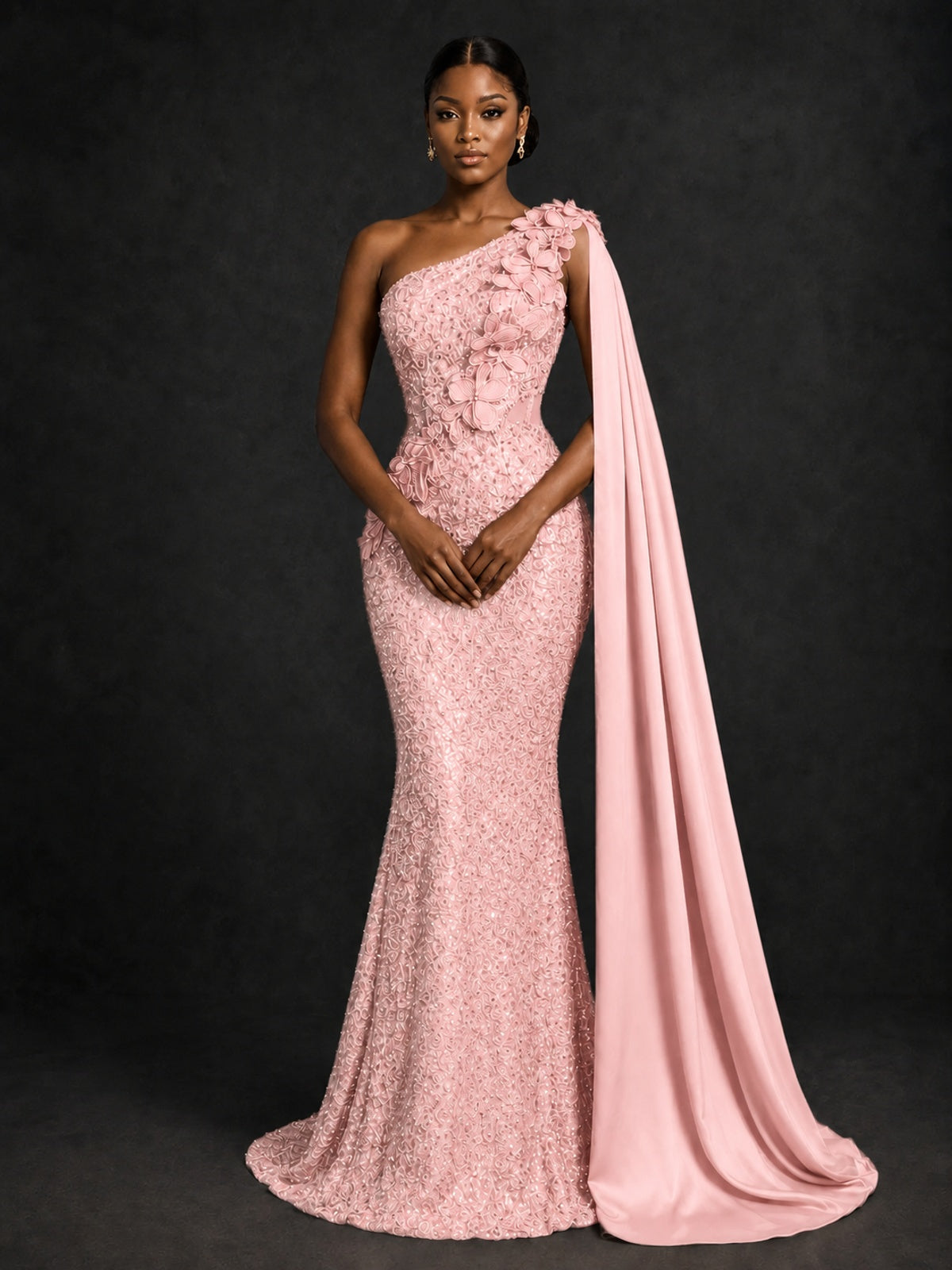 Gold Sequin One Shoulder Mermaid Prom Dress with Cape