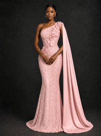 Gold Sequin One Shoulder Mermaid Prom Dress with Cape