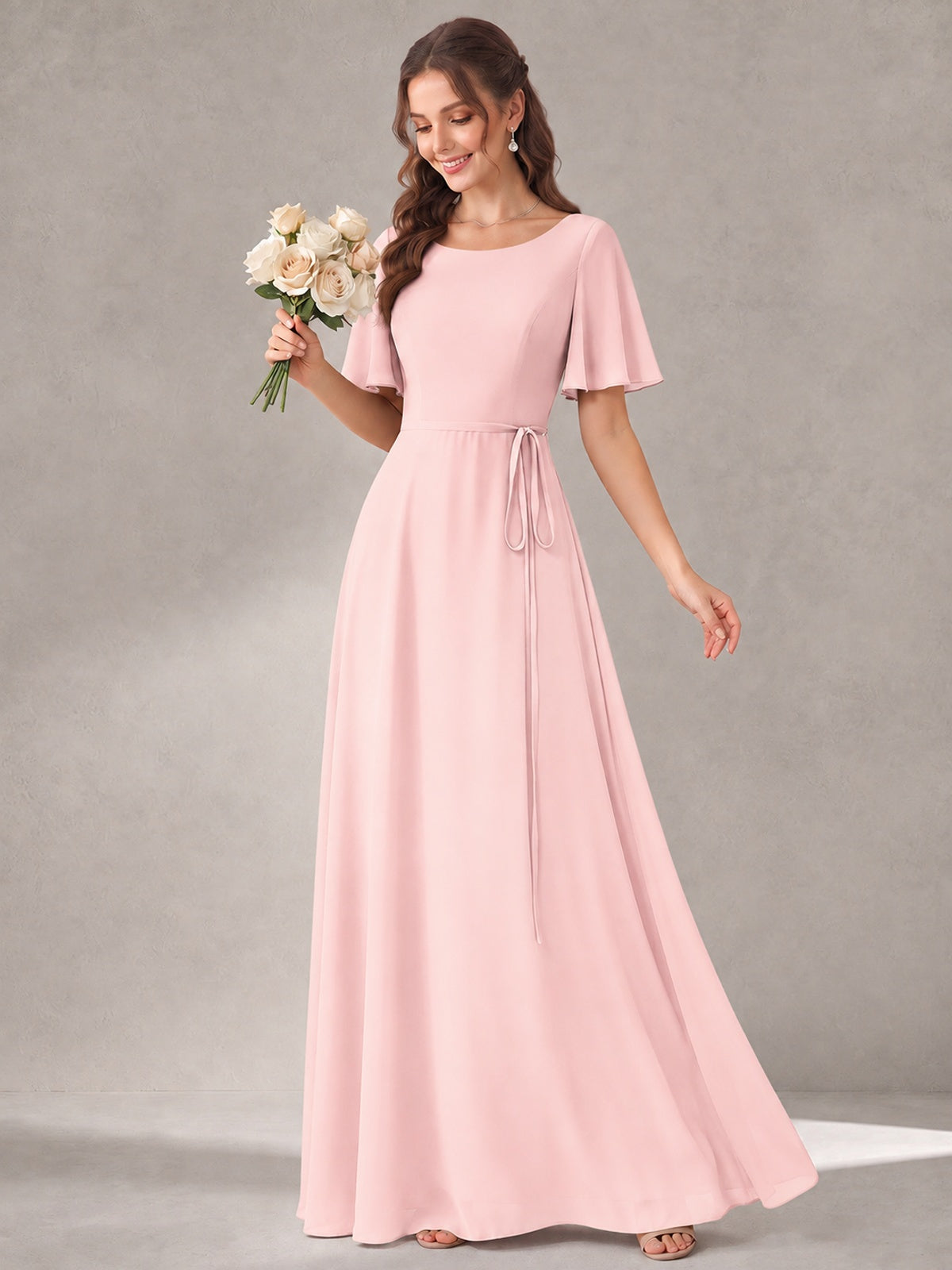 Scoop Neck A-line Chiffon Bridesmaid Dress with Flutter Sleeve & Belt