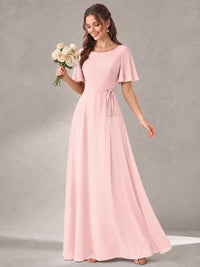 Scoop Neck A-line Chiffon Bridesmaid Dress with Flutter Sleeve & Belt