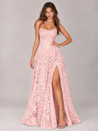 Floral Lace A-Line Prom Dress with Spaghetti Straps & High Slit