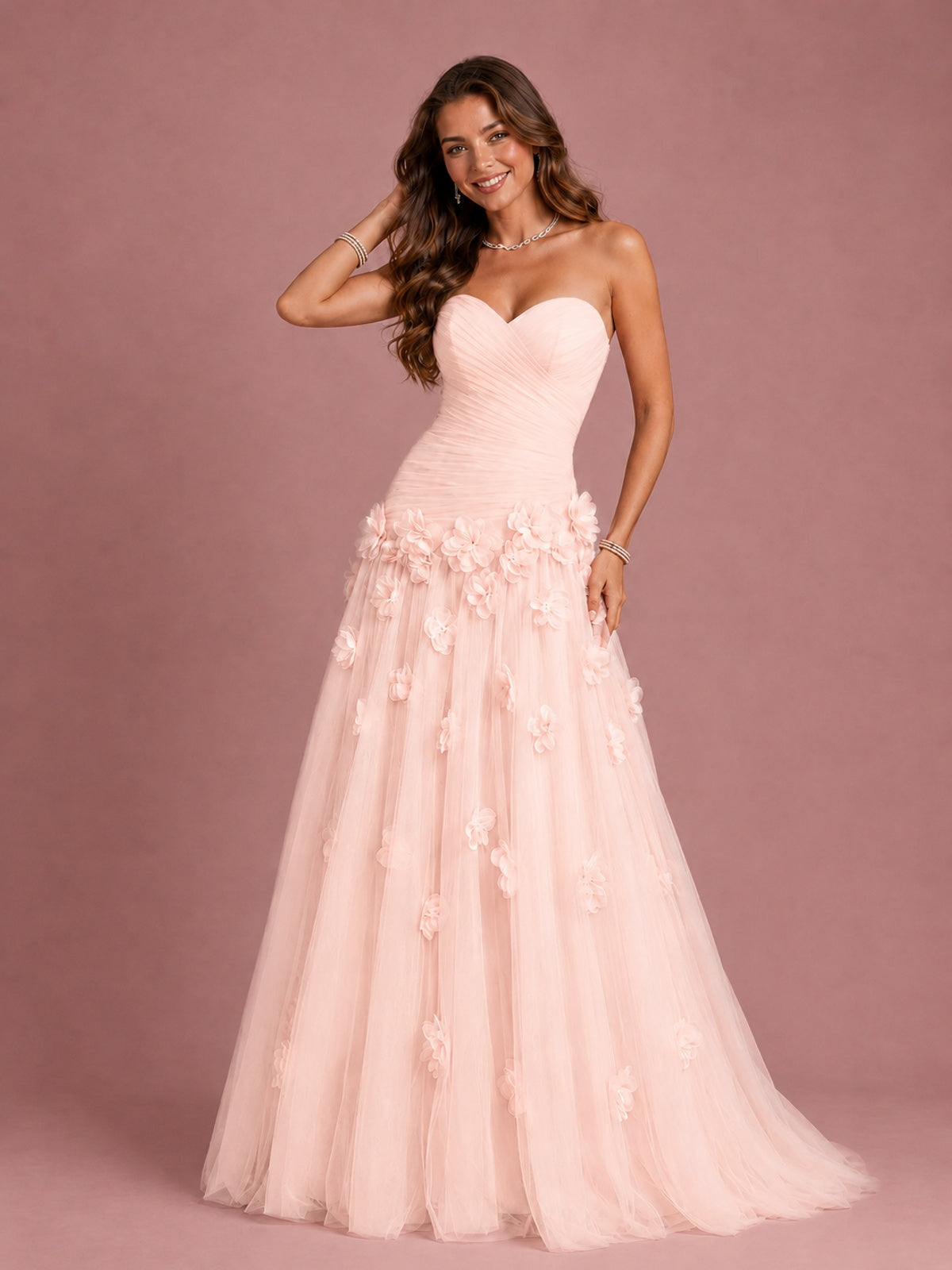 Blush Pink Strapless Sweetheart 3D Floral Tulle Ball Gown Prom Dres
