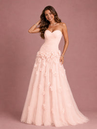 Blush Pink Strapless Sweetheart 3D Floral Tulle Ball Gown Prom Dres