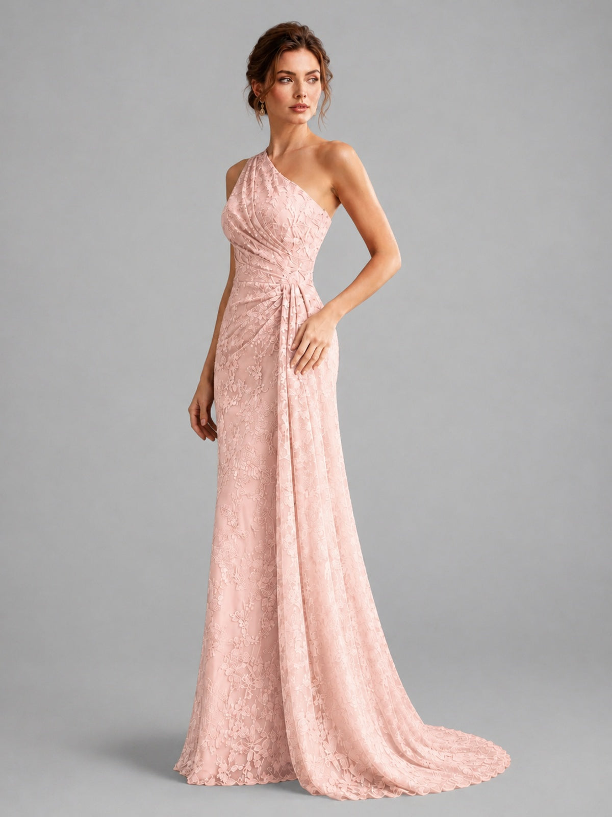 One-Shoulder Ruched Floral Lace Floor-Length Prom Dress