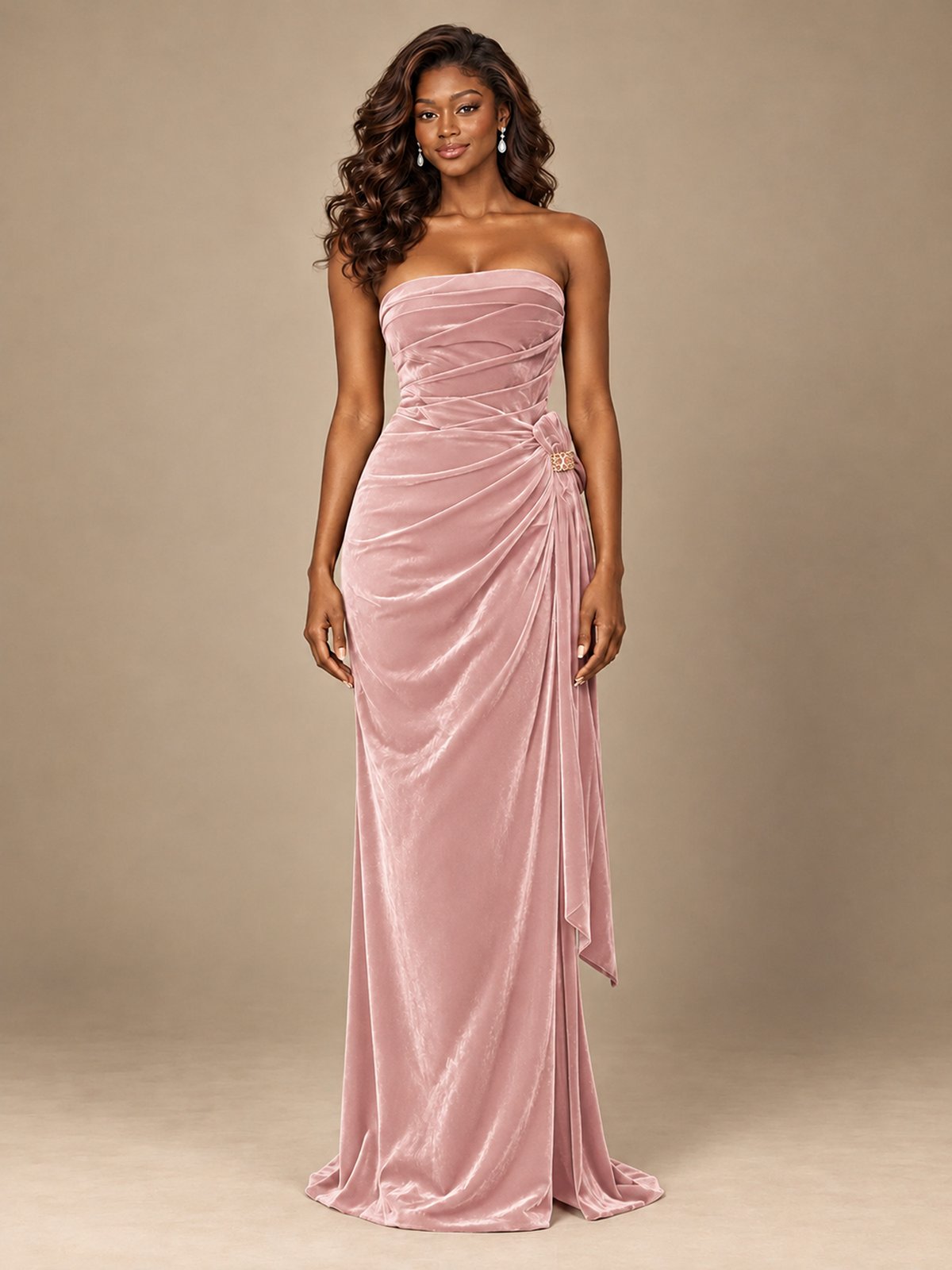 Burgundy Velvet Strapless Ruched Prom Dress with Jeweled Side Drape