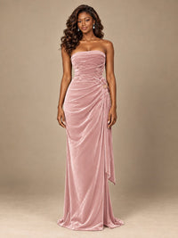 Burgundy Velvet Strapless Ruched Prom Dress with Jeweled Side Drape
