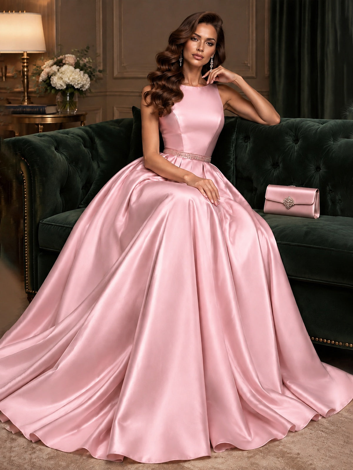 Satin A-Line Prom Dress Sleeveless Beaded Waist Formal Gown with Pockets