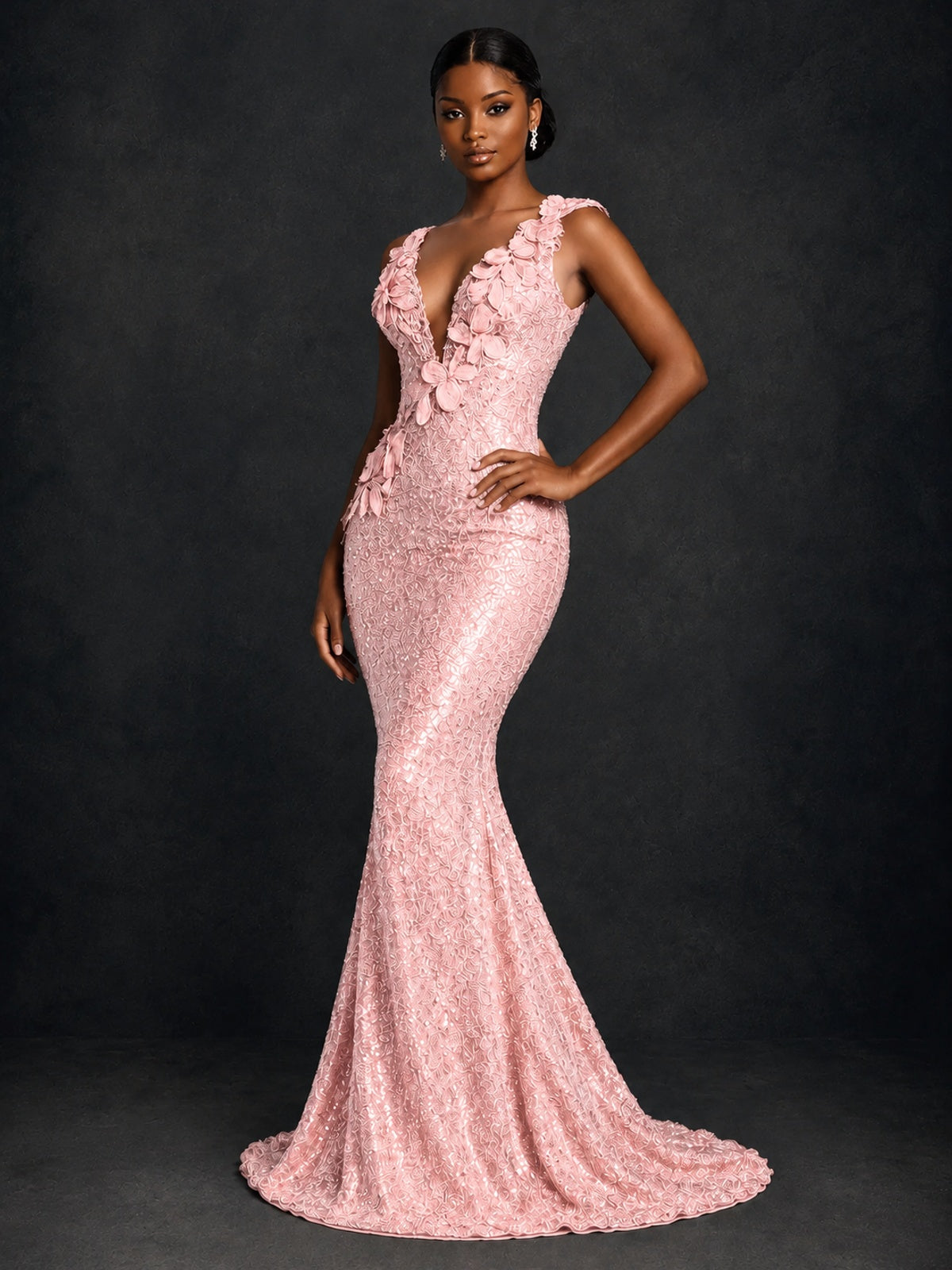 Gold Sequin Floral Applique Mermaid Prom Dress