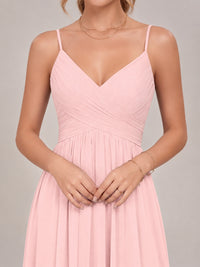 V-Neck Pleated Chiffon Long Bridesmaid Dress with Slit
