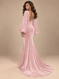 Burgundy Velvet Deep V-Neck Ruched Long Sleeve Maxi Dress