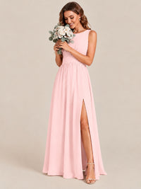 A-line Sleeveless Rucehd Chiffon Bridesmaid Dress with High Slit