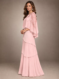 Elegant Chiffon Cape Sleeve Beaded Mother of the Bride Dress
