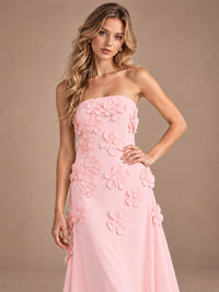 Yellow Strapless A-line Satin Maxi Dress with 3D Floral
