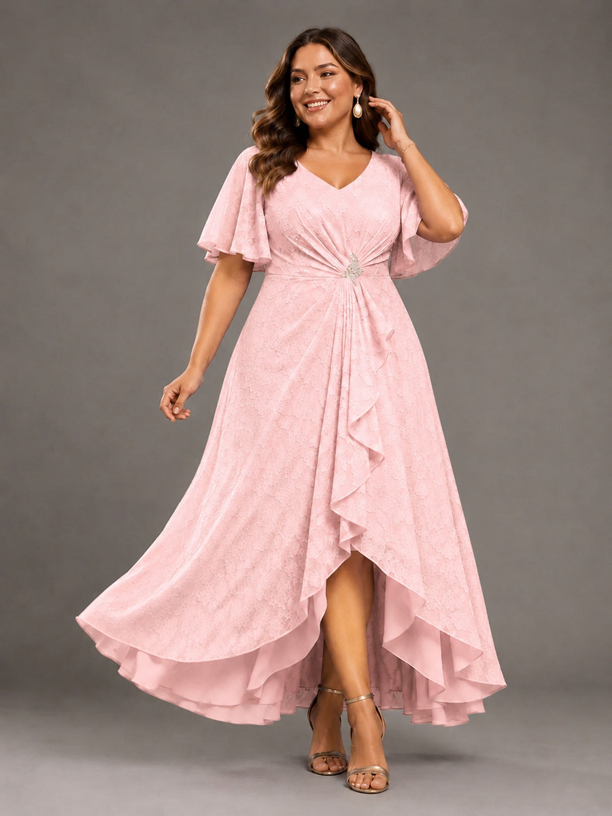 Jacquard Chiffon A-Line V-Neck High-Low Mother of the Bride Dress