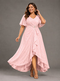 Jacquard Chiffon A-Line V-Neck High-Low Mother of the Bride Dress