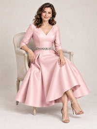 V-Neck Tea-Length Mother of the Bride Dress with Embellished Waist