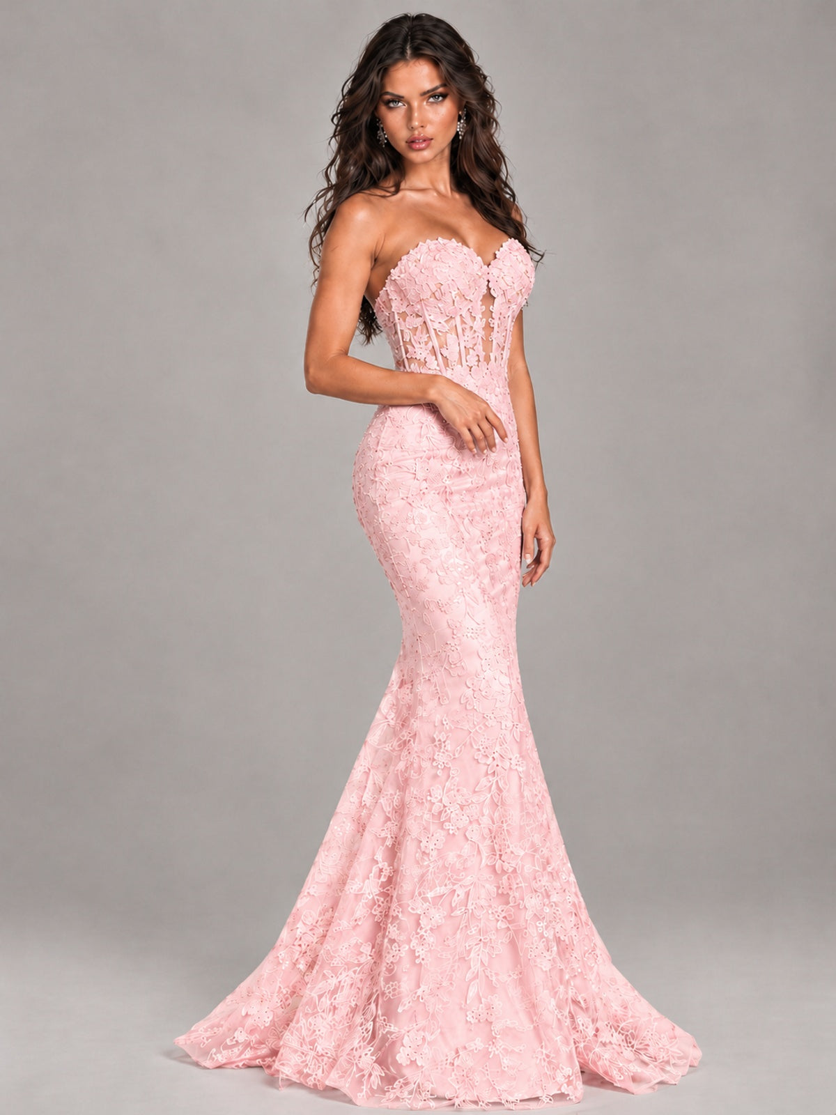 Strapless Corset Mermaid Prom Dress Lace Appliqué Formal Gown