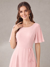 Scoop Neck A-line Chiffon Bridesmaid Dress with Flutter Sleeve & Belt