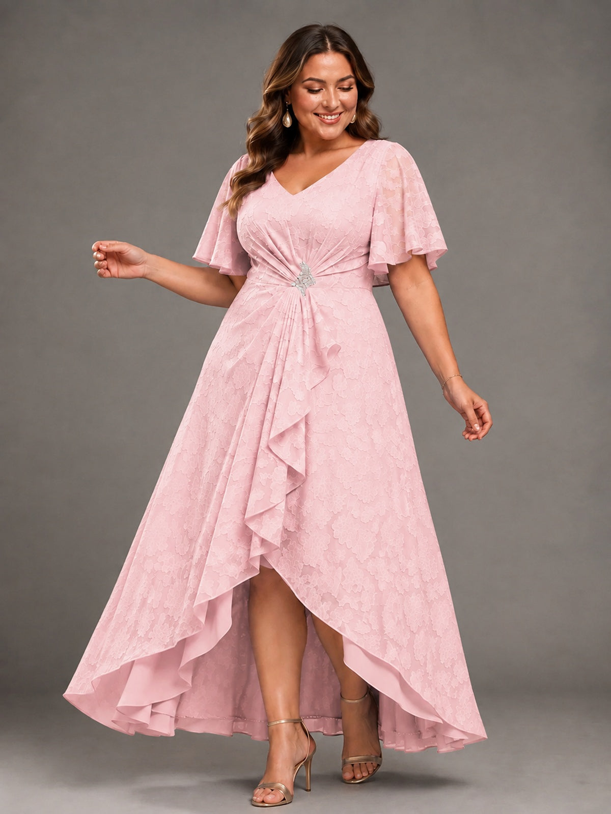 Jacquard Chiffon A-Line V-Neck High-Low Mother of the Bride Dress
